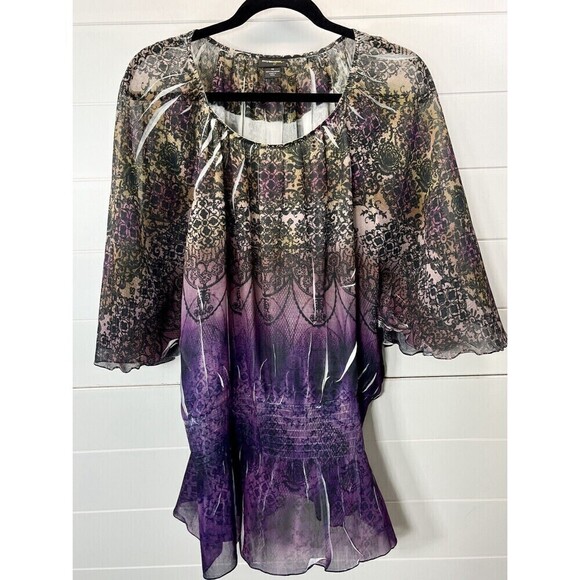 Style & Co 1X Sheer Top Womens Lettuce Edge Fairy Wing Elastic Waist Purple - Picture 1 of 16
